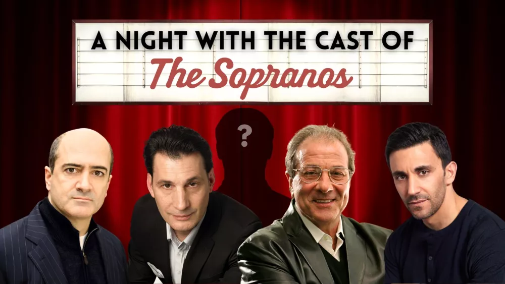 Four cast members from The Sopranos with a theater sign that reads "A night with the cast of The Sopranos"