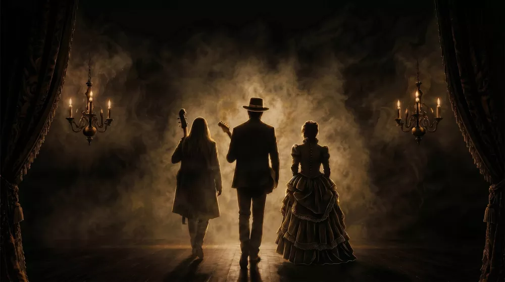 The Southern Gothic Opera Company promotional image with silhouettes of 3 of the band members, hazy lighting, candlelit chandeliers, and curtains. 
