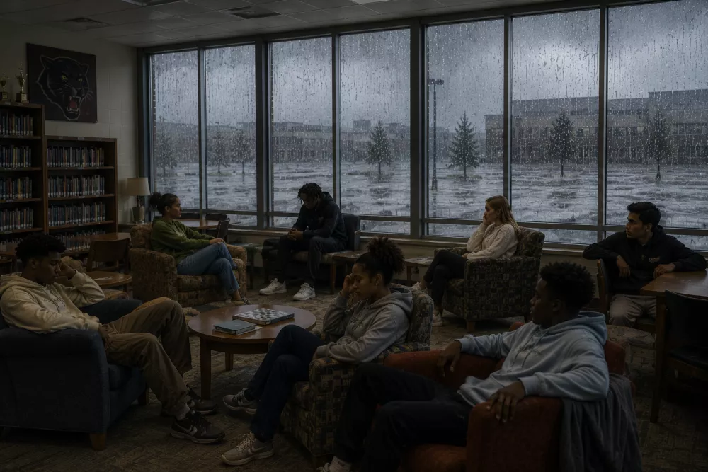 LOCKED IN THE STORM Image of students gathered inside a High school.
